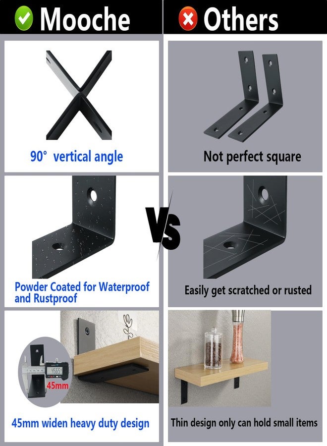 Mooche Black 4PCS Widen L-Shape Wall Brackets for Shelves, Stainless Steel 90° Right Angle Shelf Support Brackets (125 * 85 * 45mm) - Image 2